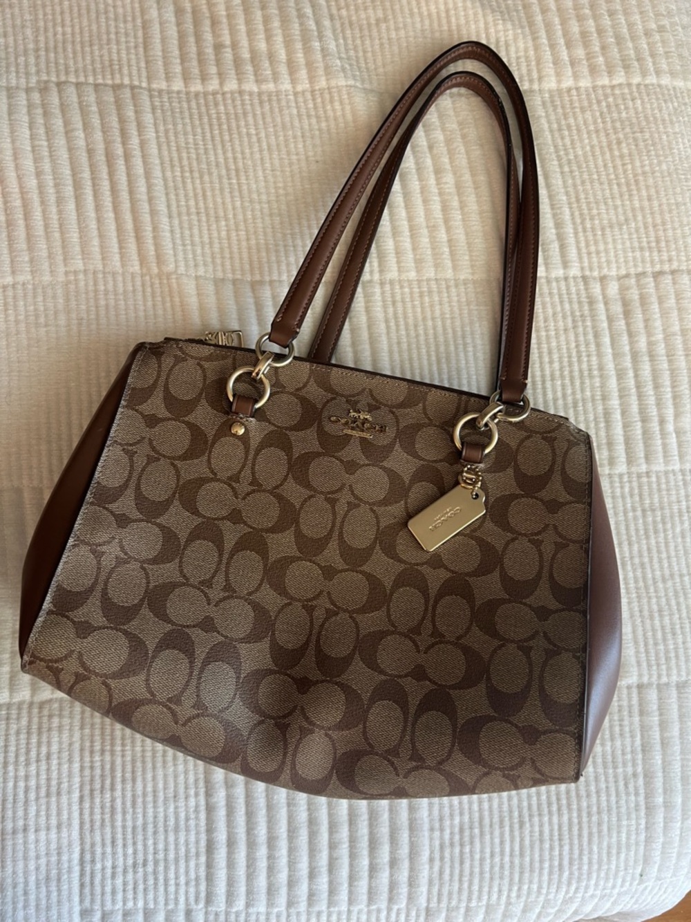 Coach Brown Signature Canvas Shoulder Tote with Leather Trim